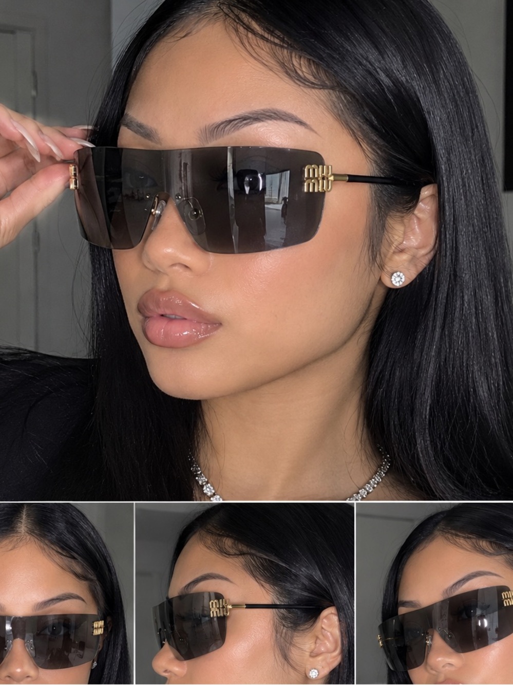 Miu Miu Oversized Shield Sunglasses with Smoke Gray Lenses and Gold Accents